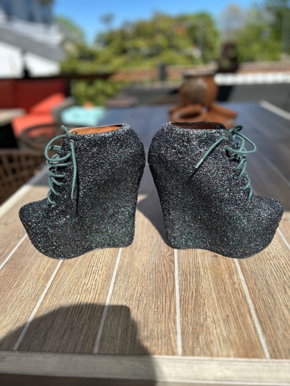 Jeffrey Campbell Black Glitter Lace-Up Wedge Booties with Green Sparkle